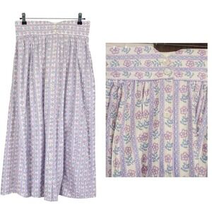 Vtg Alpenblick Midi Skirt Women 10 Cotton Pink Purple Buttons Floral Cottagecore
